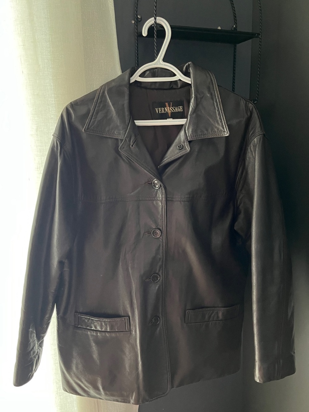 Women's deep brown real Leather Button-Front Coat.
